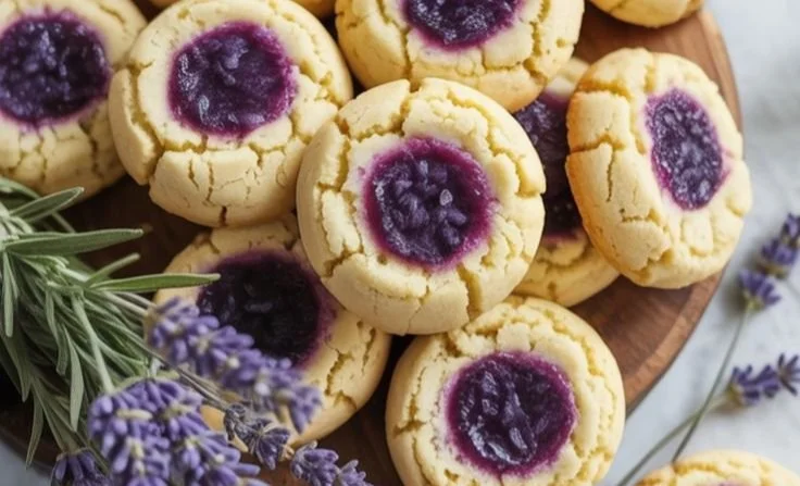 Lemon Lavender Thumbprint Cookies on a decorative plate