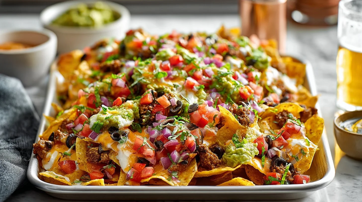 Plate of cheesy loaded nachos topped with jalapeños and assorted garnishes