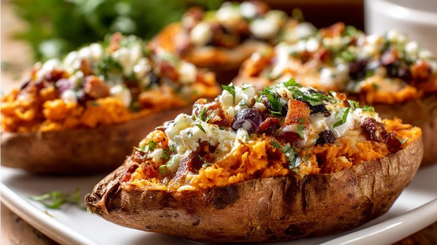 Delicious loaded stuffed sweet potatoes topped with healthy ingredients