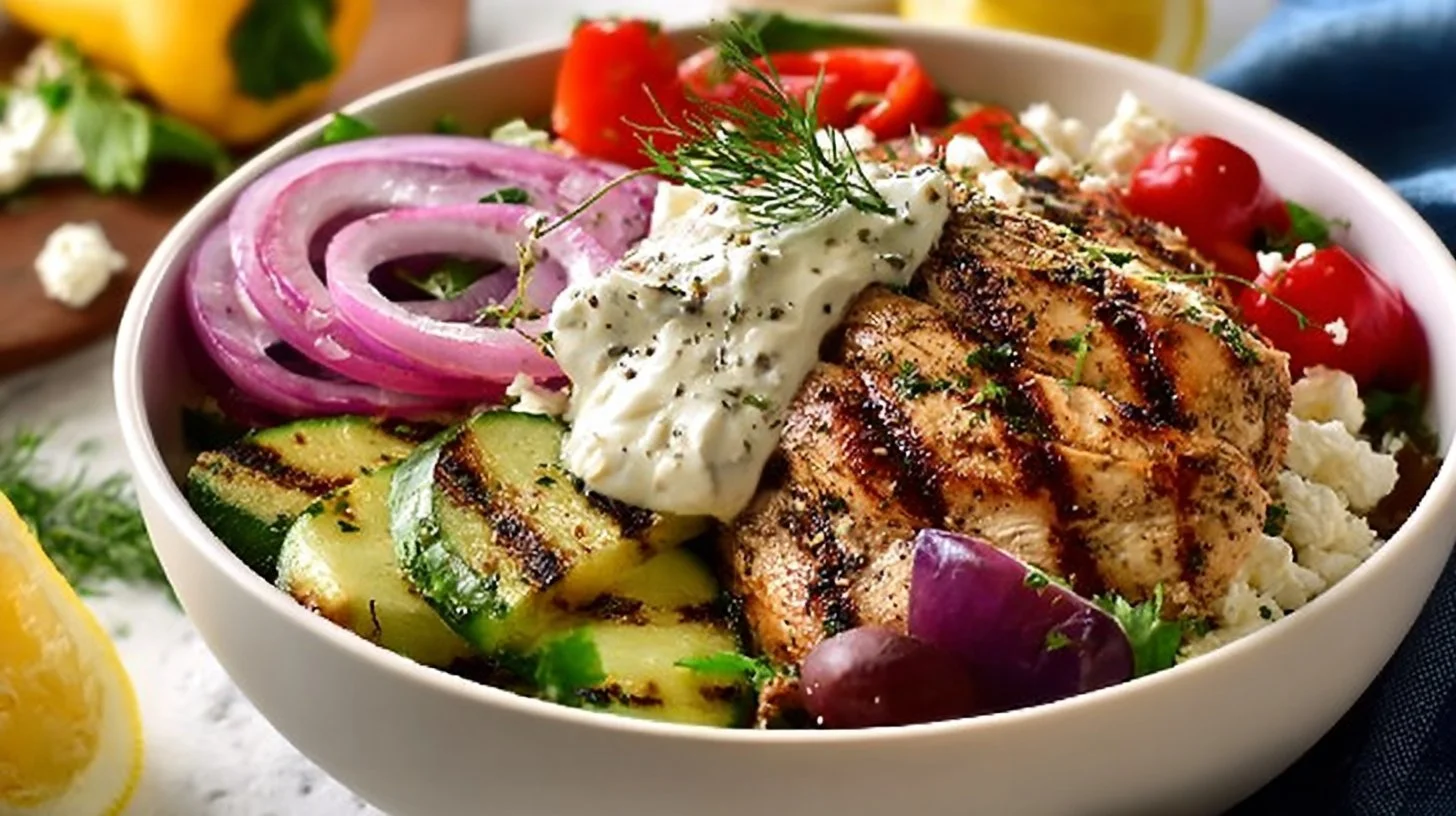 Low carb Greek chicken bowl with fresh vegetables and flavorful herbs