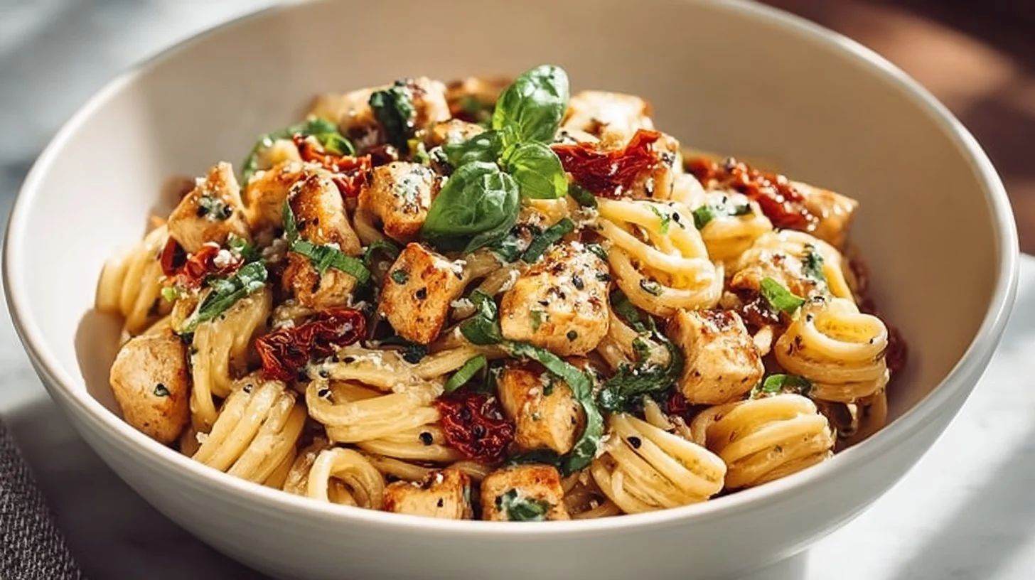 Creamy Marry Me Chicken Pasta served elegantly in a bowl with fresh herbs