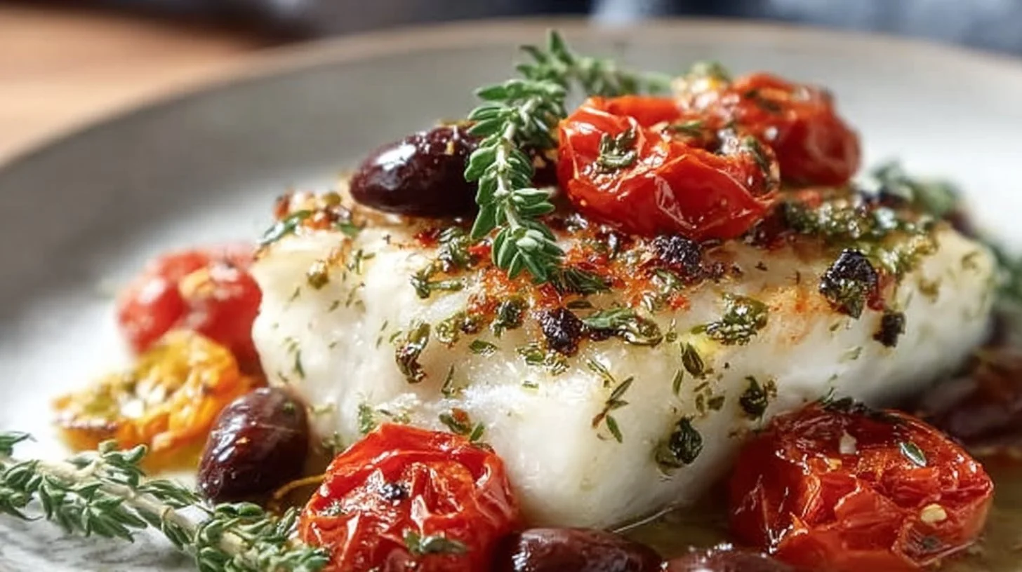 Mediterranean baked white fish garnished with herbs and lemon