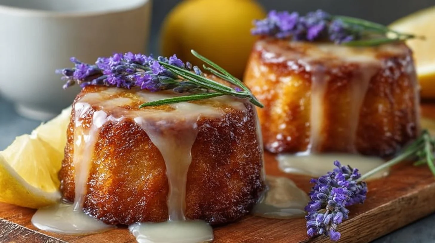 Mini lemon cakes topped with lavender glaze on a rustic plate