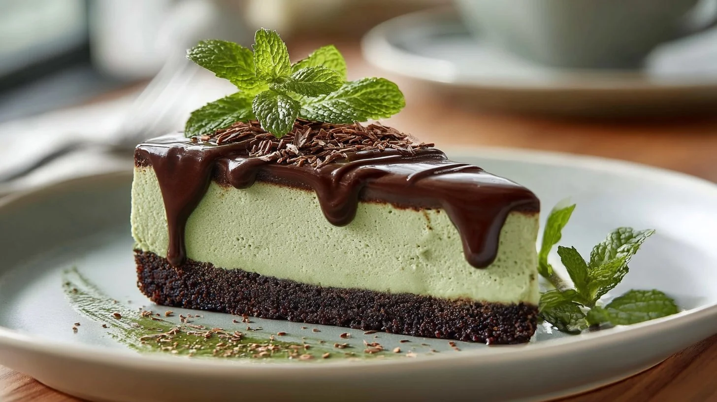 Delicious Mint Chocolate Cheesecake topped with chocolate flakes and mint leaves.