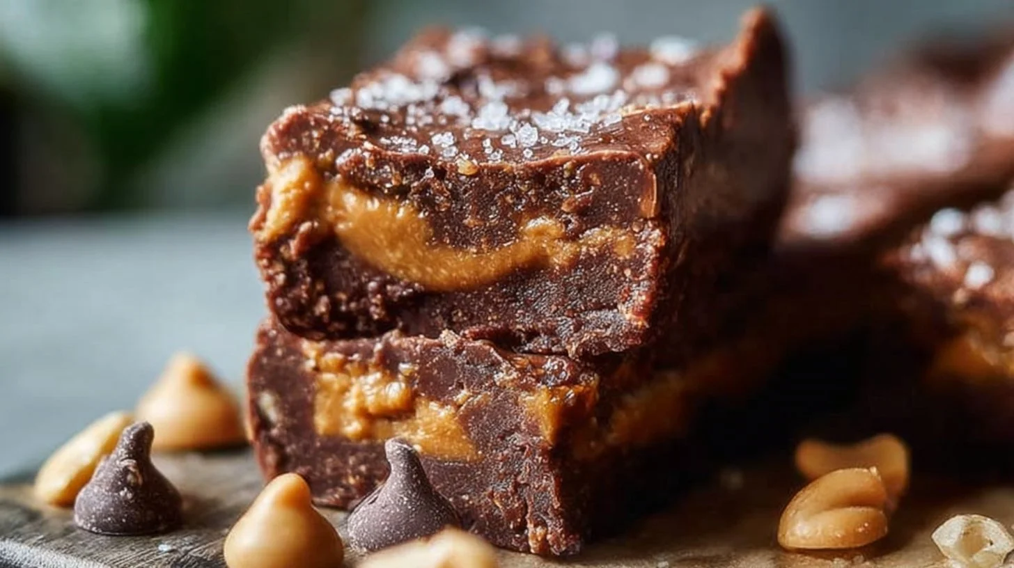No-bake chocolate peanut butter protein bars stacked on a plate