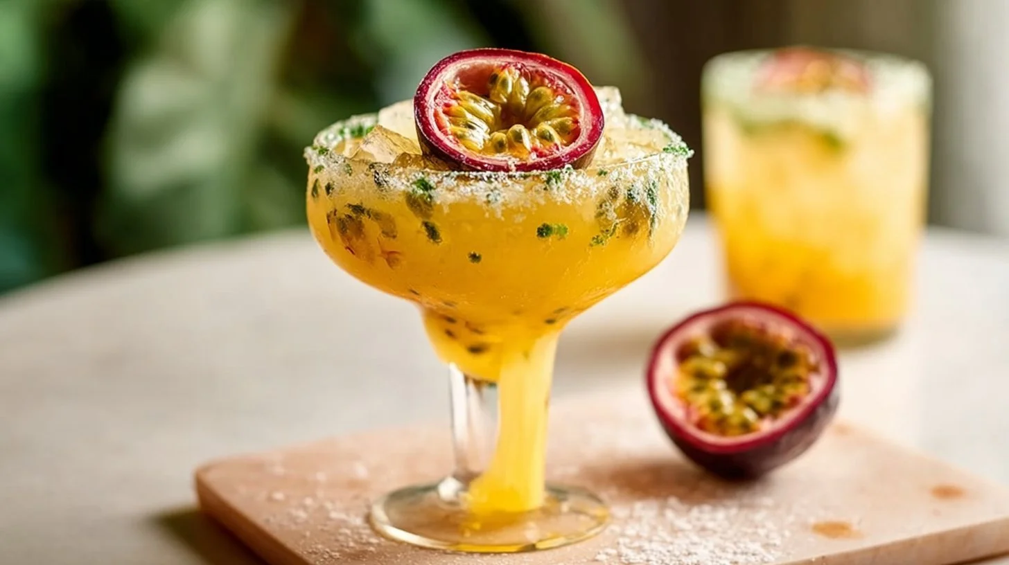 Delicious Passion Fruit Margarita garnished with lime and served in a glass
