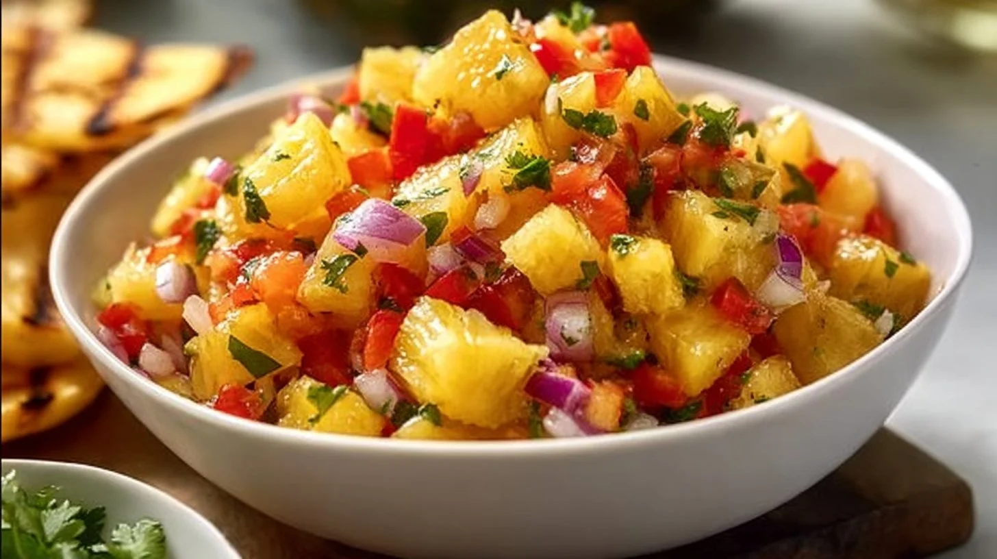 Freshly made Pineapple Salsa served in a bowl with colorful ingredients