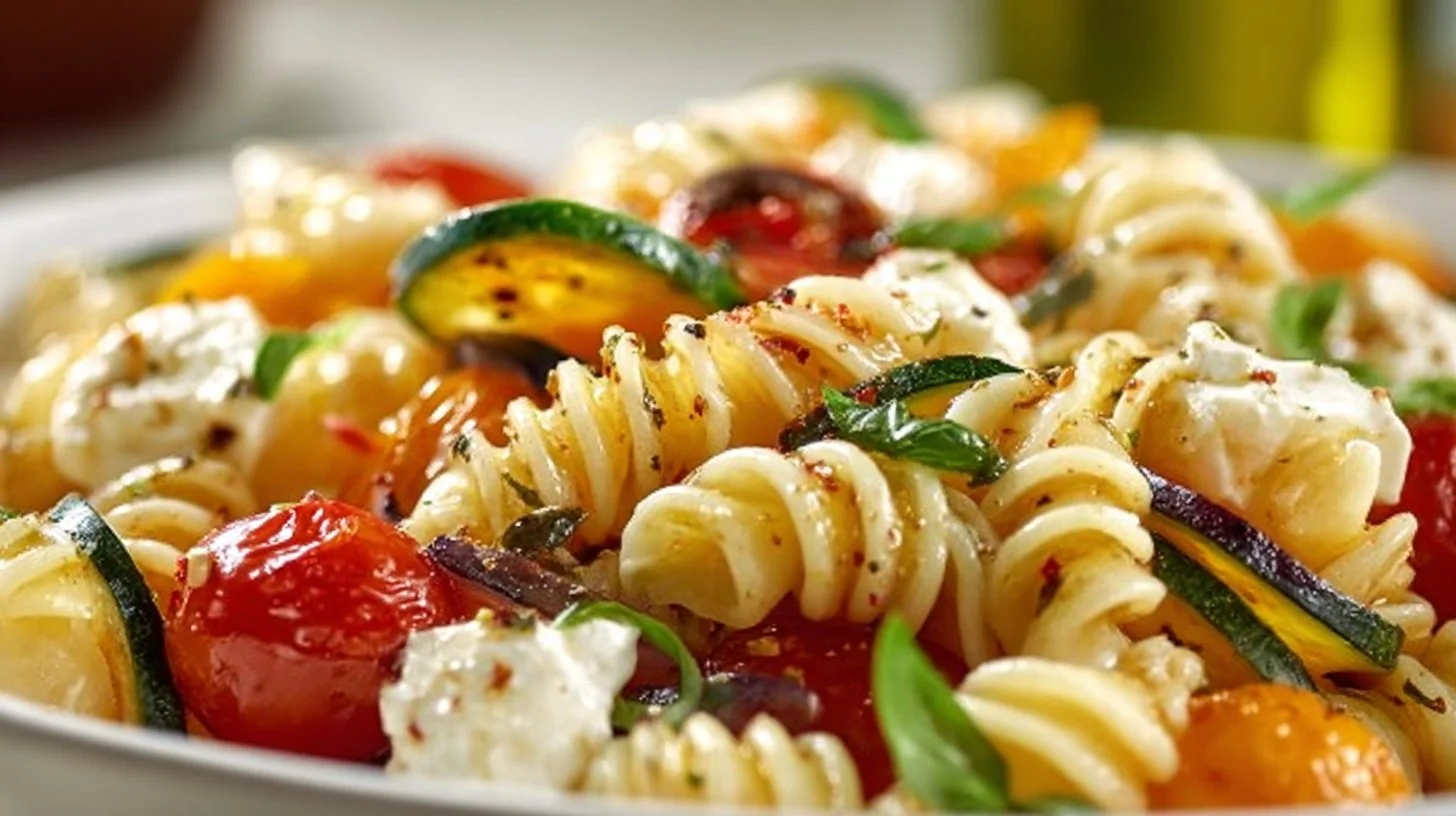 Colorful bowl of quick and easy pasta salad with vegetables and dressing
