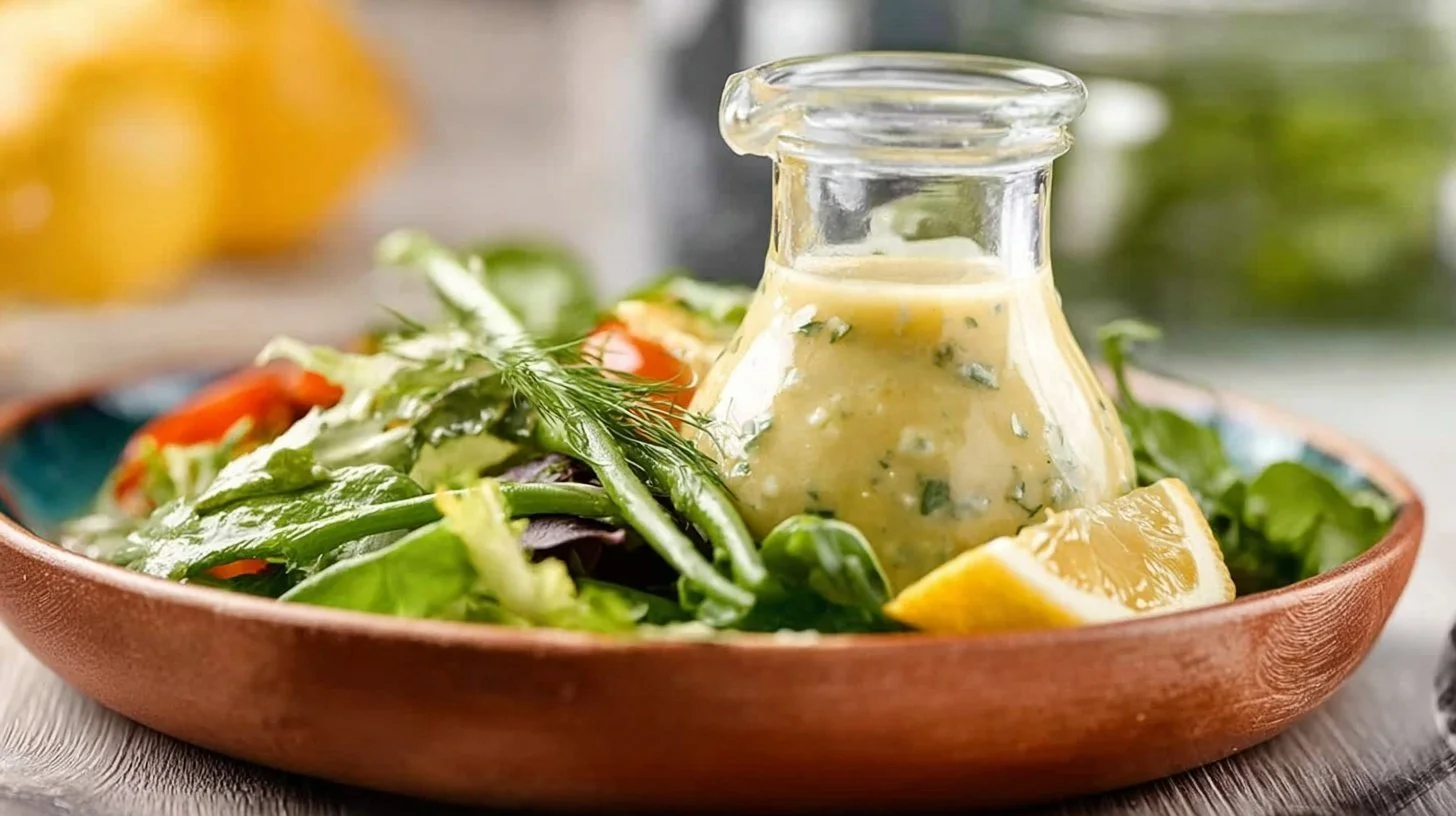 Bowl of quick lemon vinaigrette with fresh ingredients, perfect for salads.