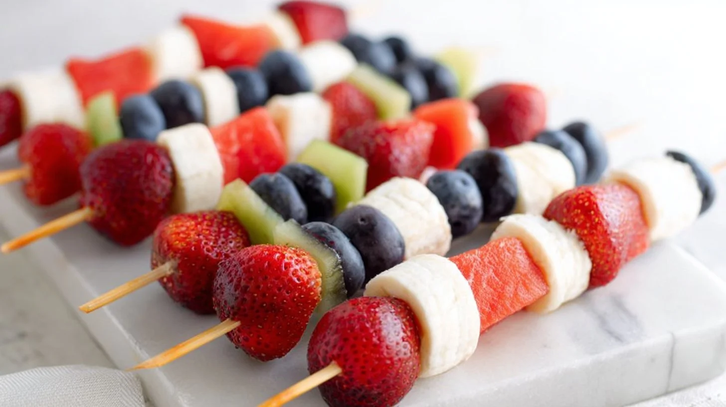 Red white and blue fruit kabobs for 4th of July celebrations.