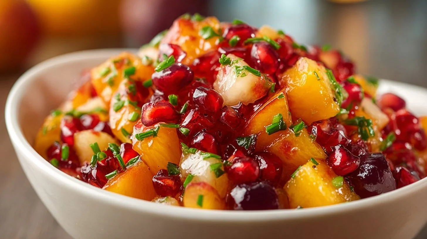Bowl of refreshing Peach Cherry Salsa with diced peaches and cherries