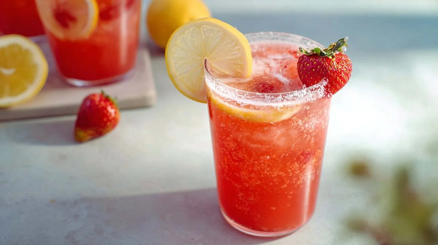 Refreshing strawberry lemonade mocktail served in a glass with fresh strawberries.