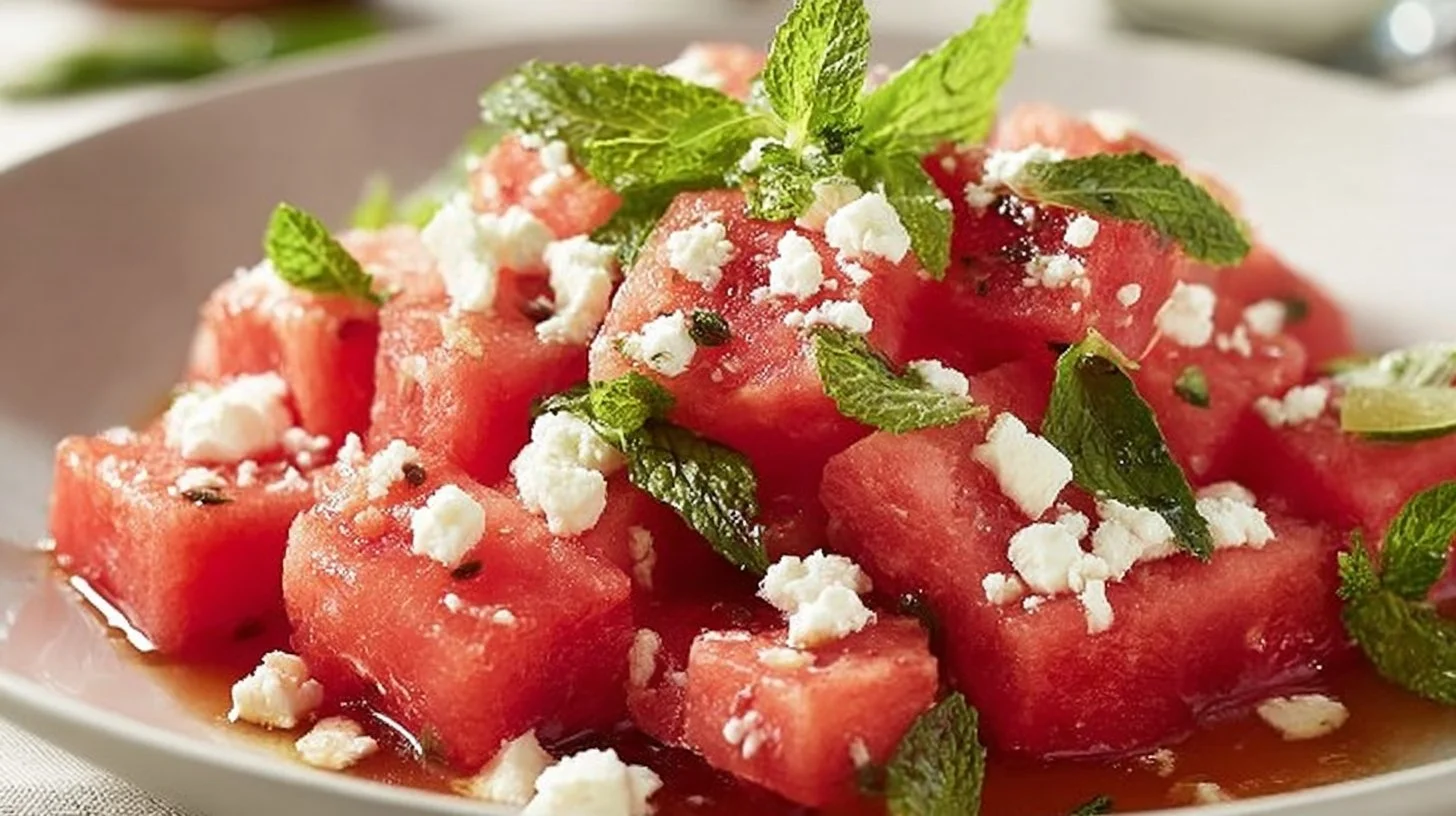 Refreshing watermelon salad with feta cheese and fresh mint leaves
