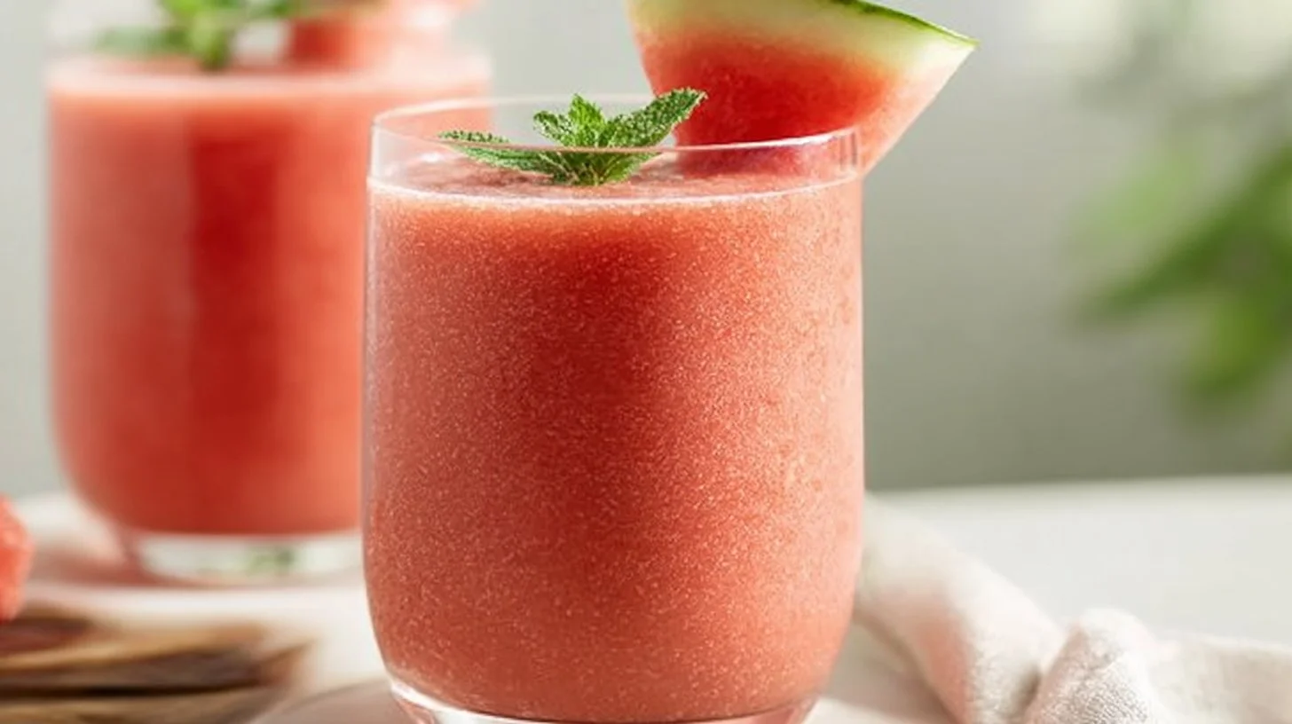 Glass of refreshing watermelon smoothie with mint leaves and watermelon slices