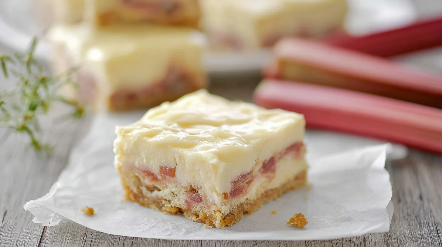 Rhubarb custard bars on a plate, a delightful dessert ready to be served.