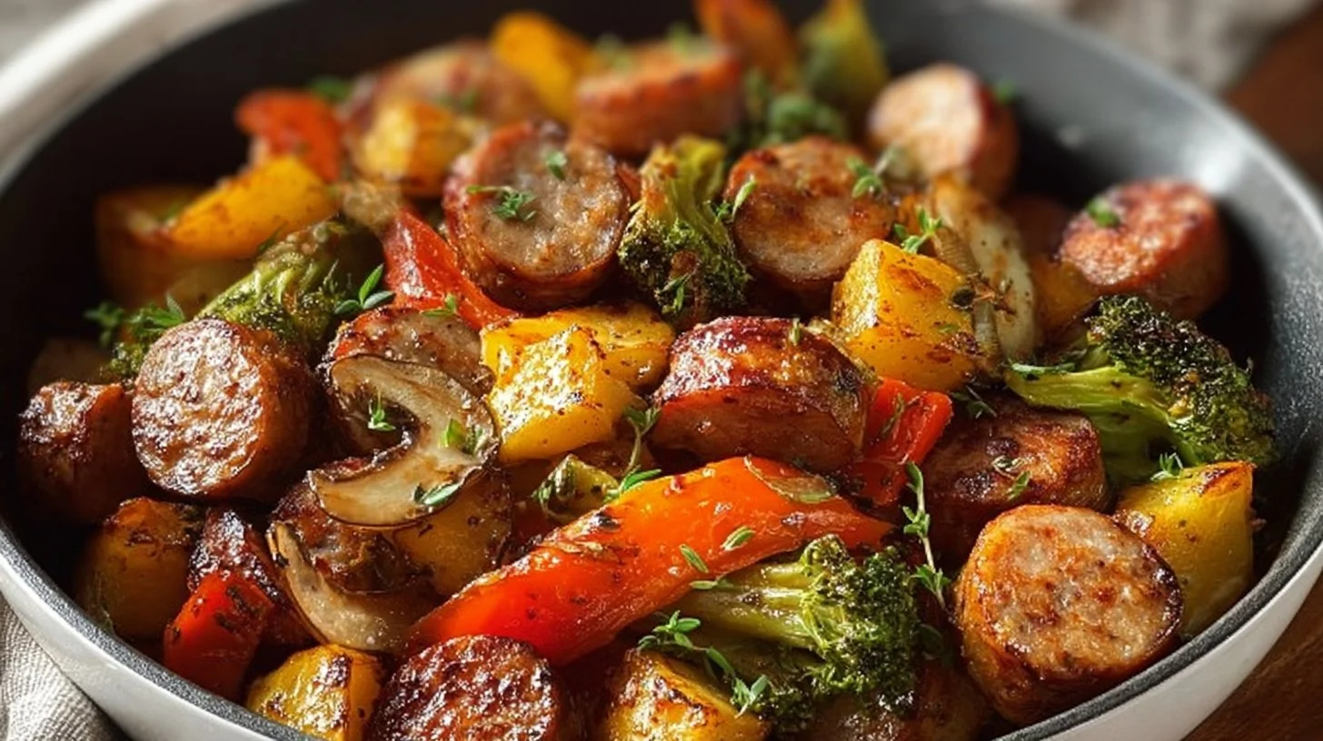 Delicious Sausage Veggie Skillet Bowl served in a rustic dish