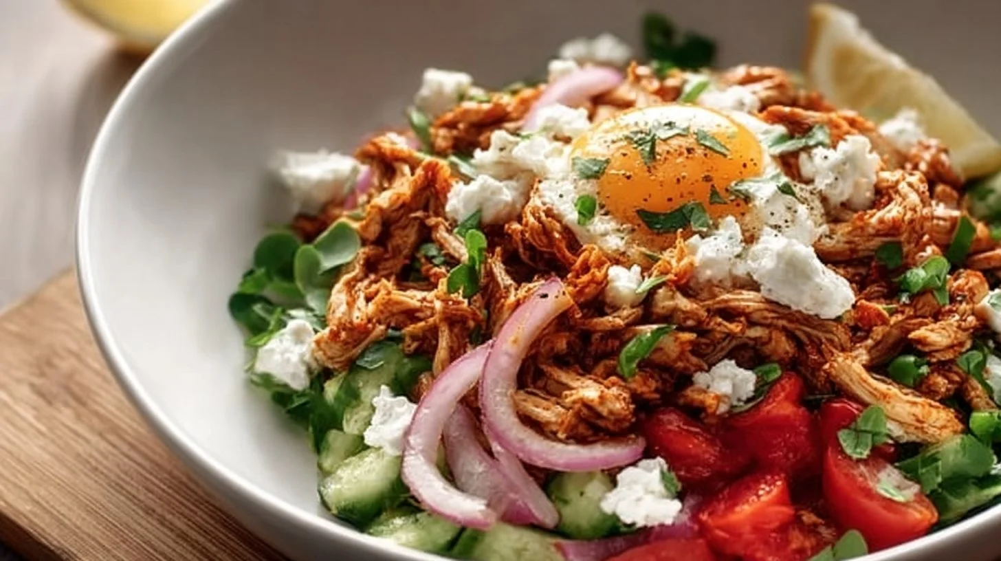 Shredded Harissa Chicken Bowl with fresh vegetables and grains