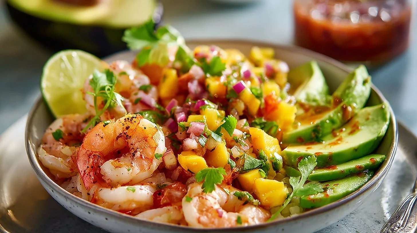 Shrimp avocado bowls with mango salsa and lime-chili sauce presentation