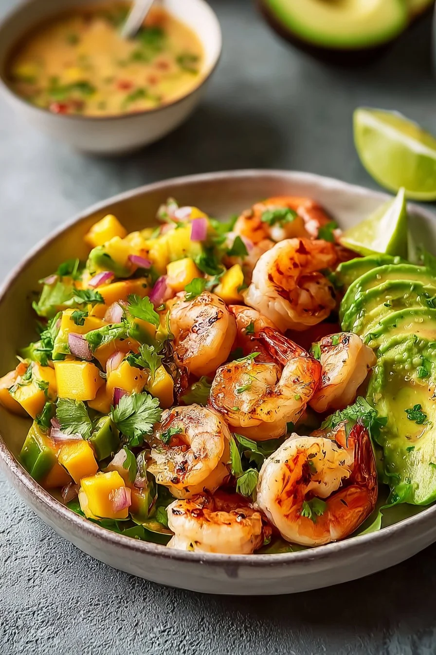 Shrimp and Avocado Bowls with Mango Salsa & Lime-Chili Sauce