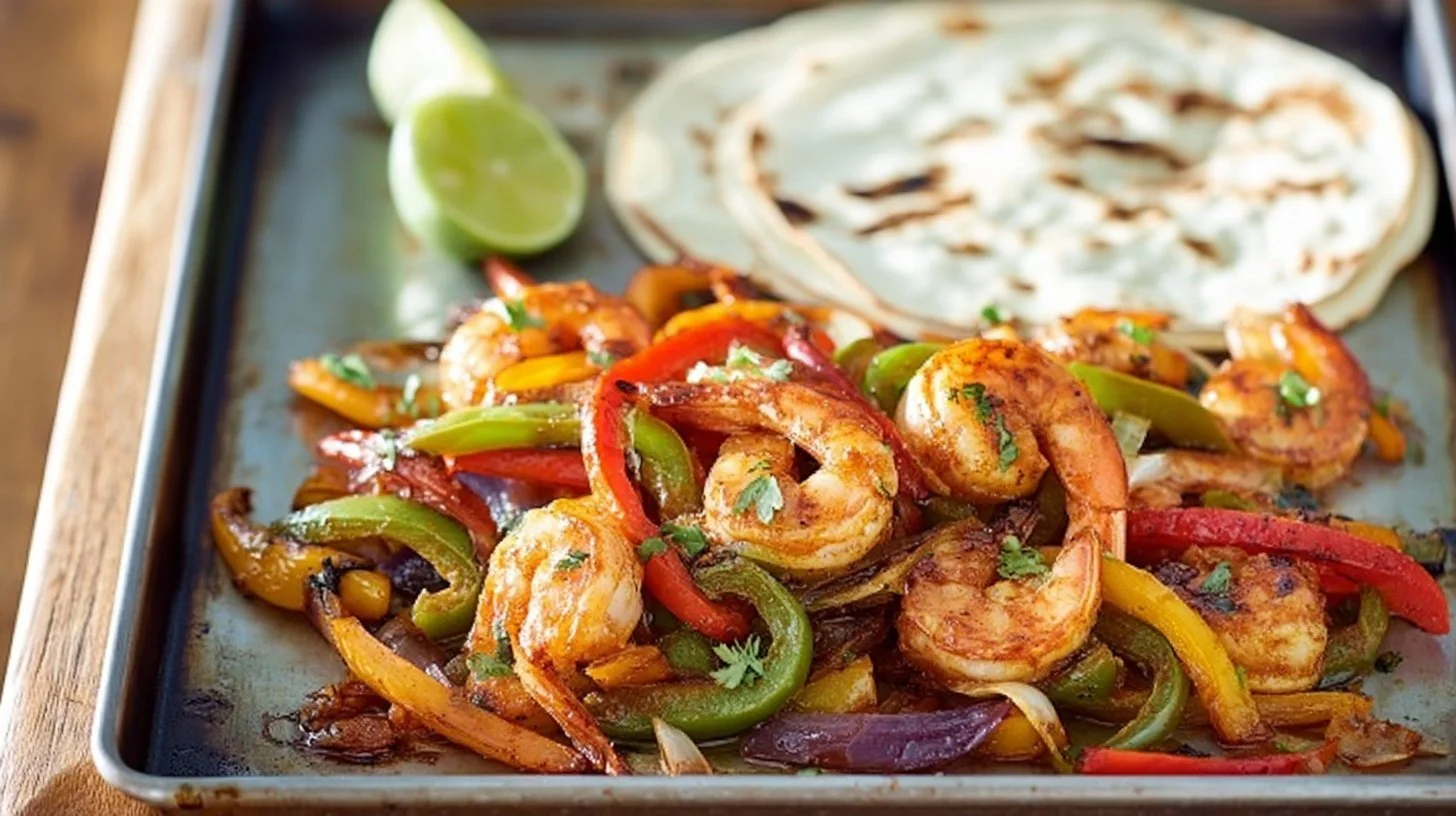 Shrimp fajitas served with colorful peppers and seasonings on a plate