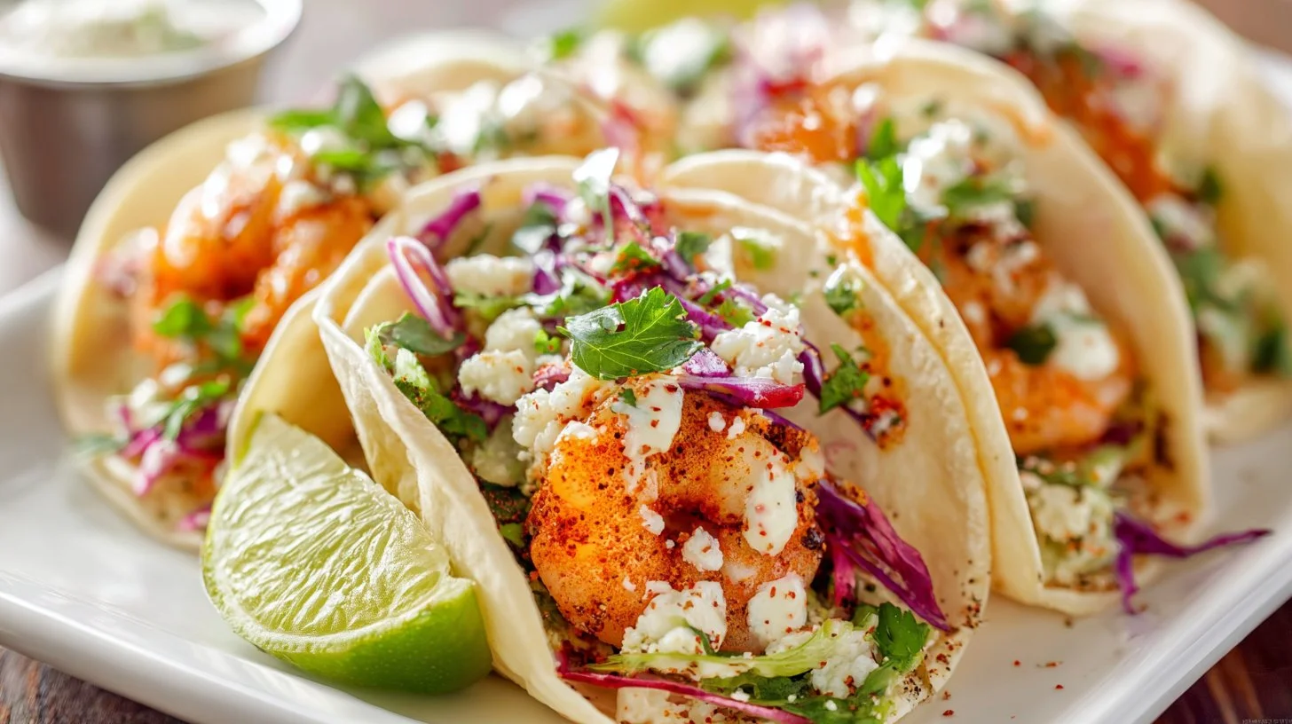 A vibrant plate of shrimp tacos garnished with fresh toppings and lime
