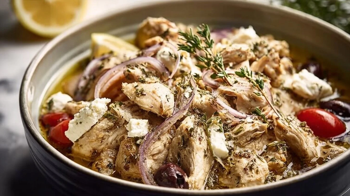Delicious Slow Cooker Greek Chicken with herbs and spices in a bowl