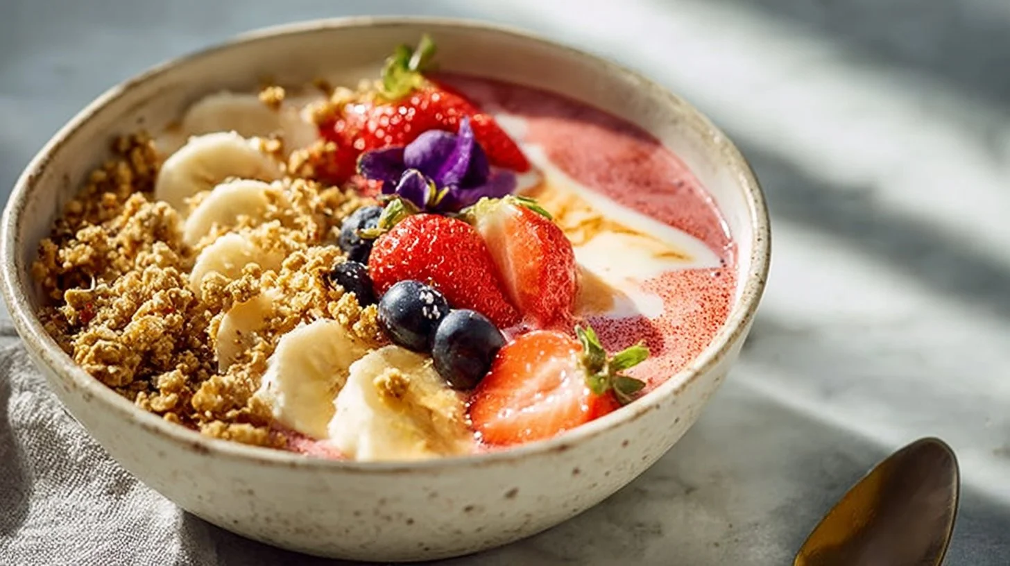 Vibrant smoothie bowl topped with fresh fruits and nuts.