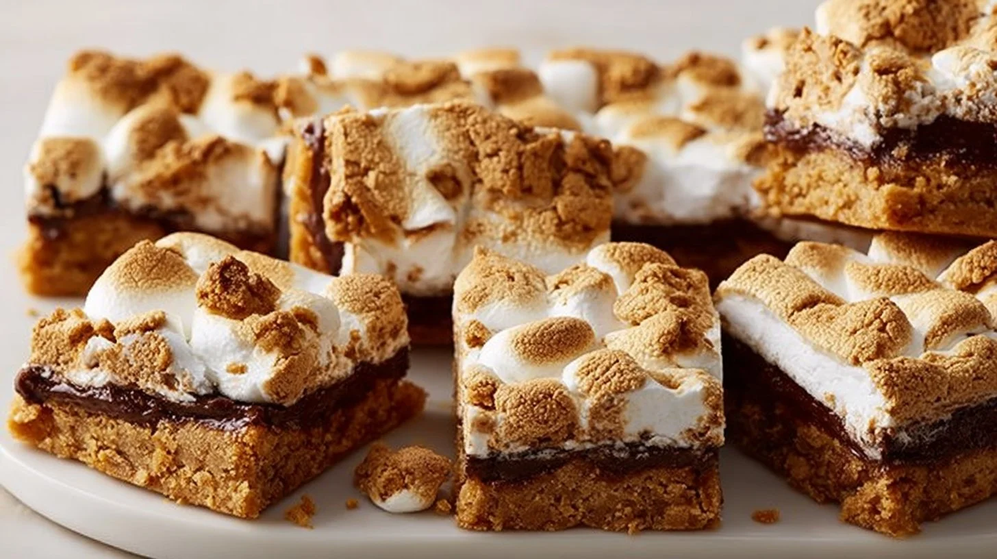 Delicious S'mores Bars displayed on a plate, showcasing chocolate and marshmallow layers.