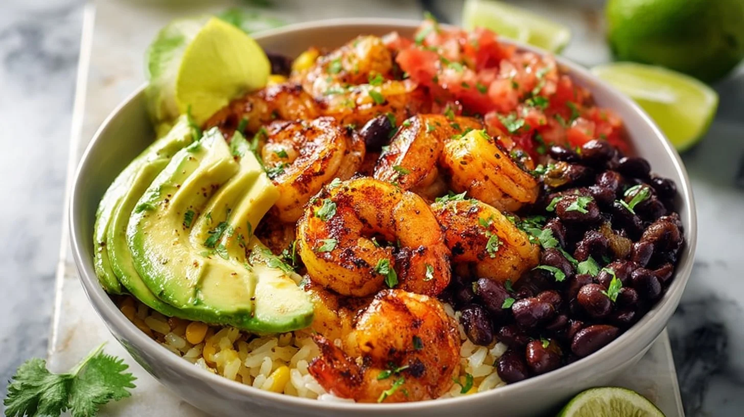 Spicy shrimp bowl topped with avocado, black beans, and served with lime rice