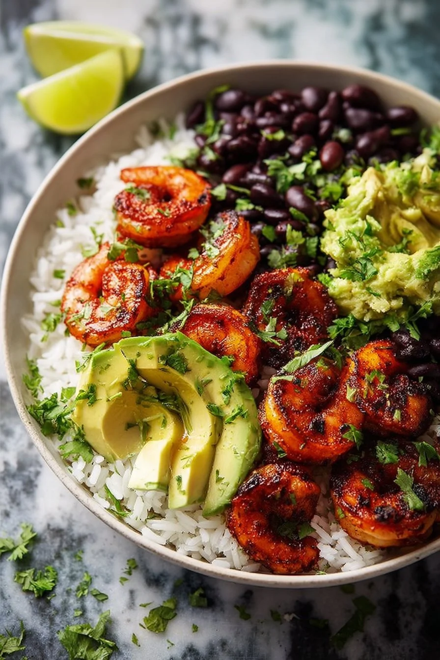 Spicy Shrimp Bowl with Avocado, Black Beans & Lime Rice