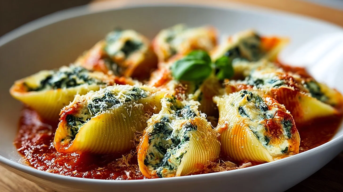Delicious spinach and ricotta stuffed shells ready to serve.