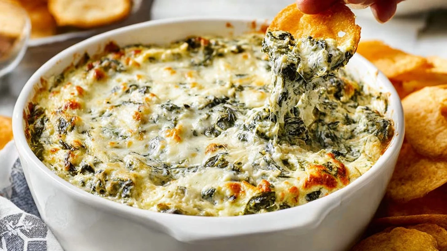 Creamy spinach artichoke dip served with tortilla chips