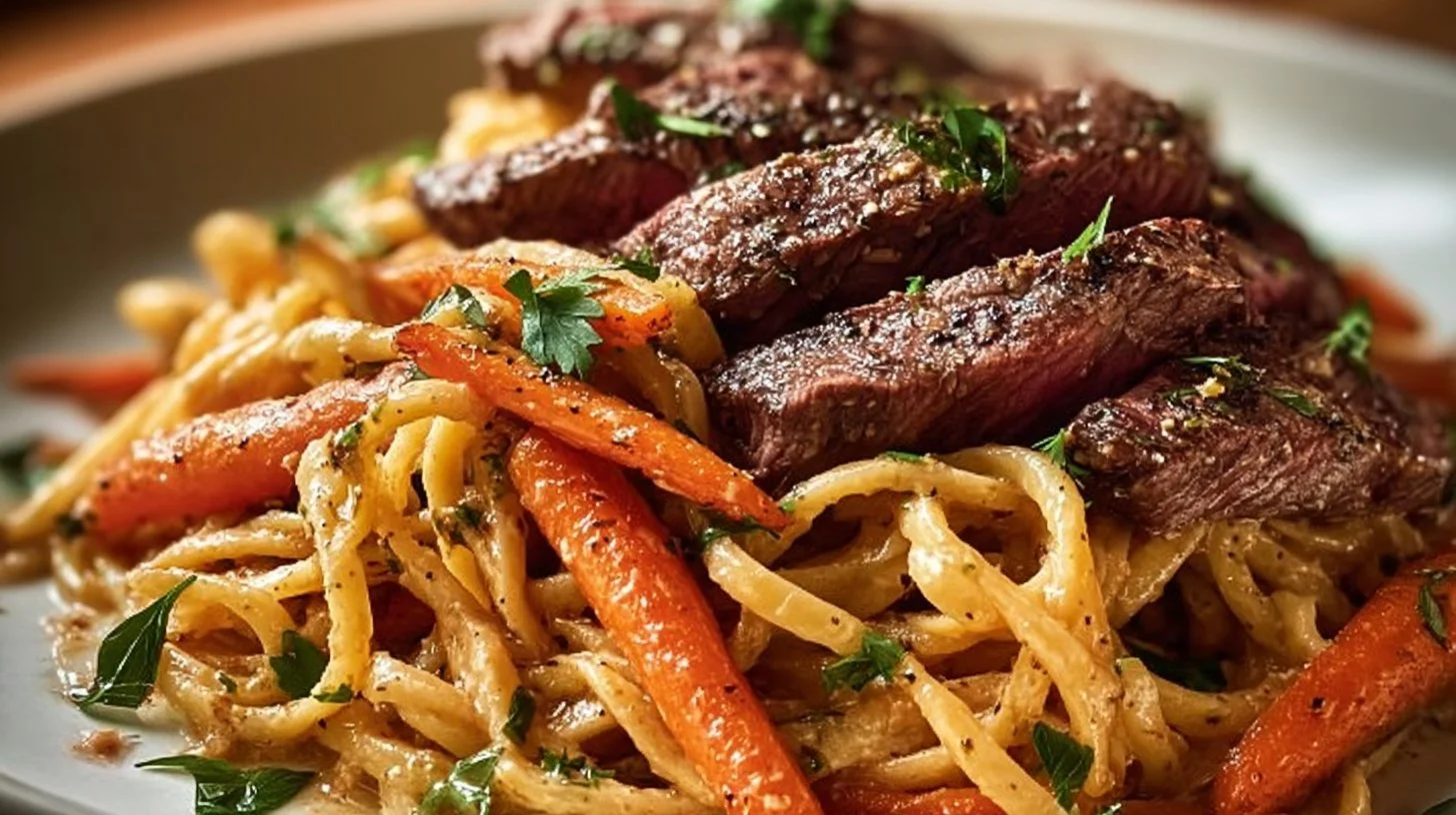 Delicious steak pasta with roasted carrots and cowboy butter served in a bowl