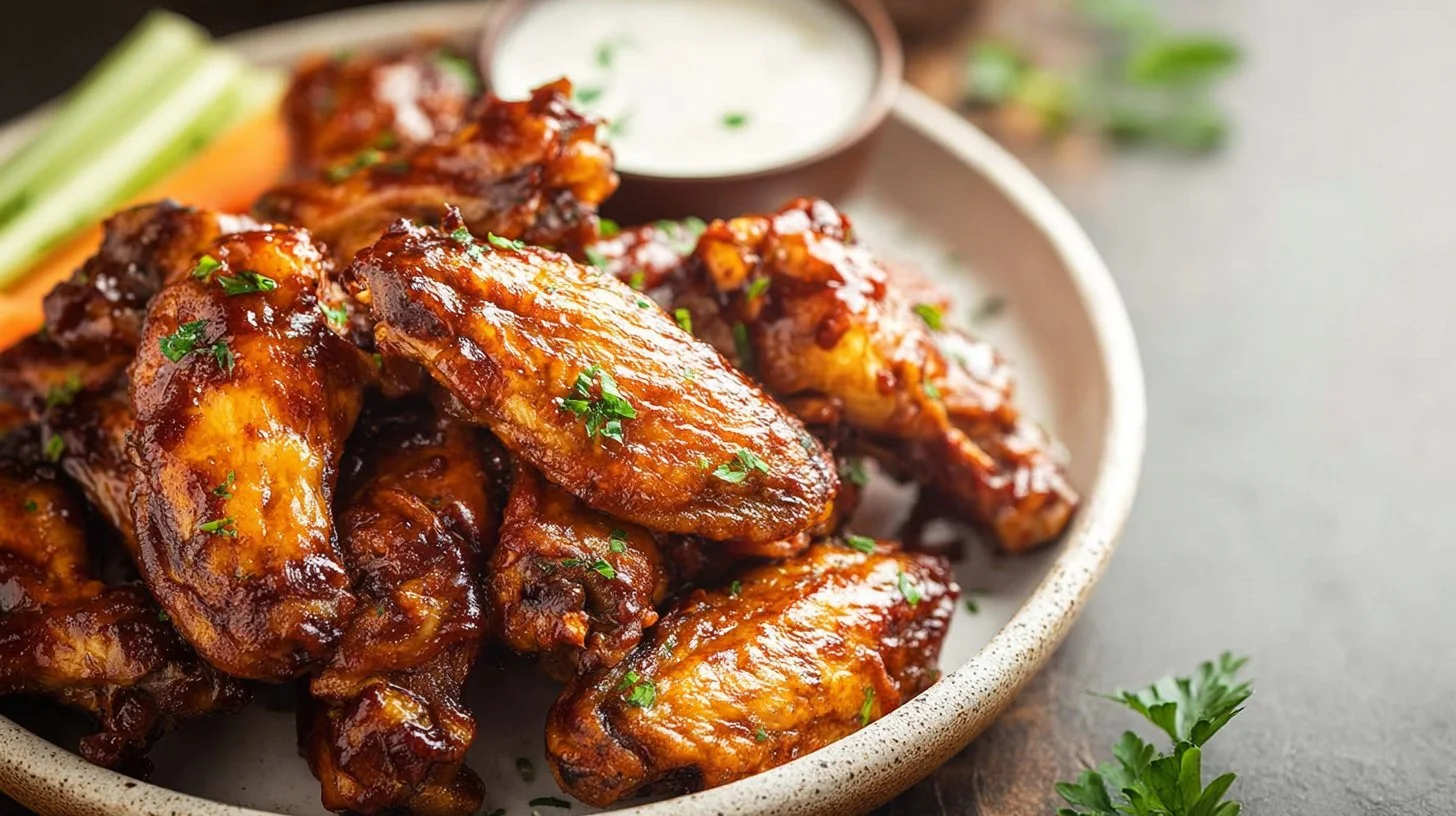Sticky honey-glazed barbecue chicken wings served on a plate