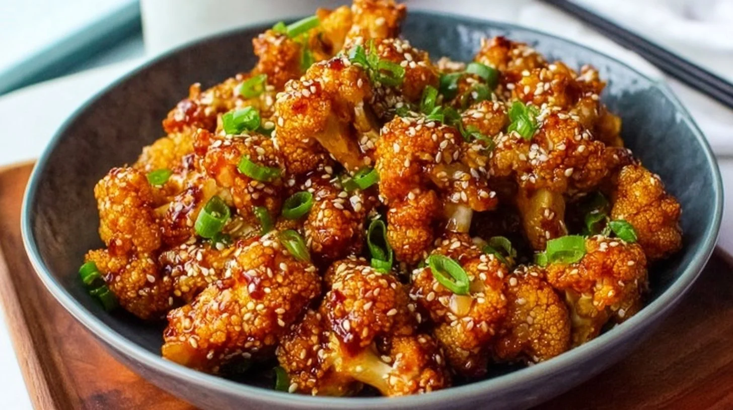 Sticky Sesame Cauliflower dish served in a bowl, garnished and ready to enjoy