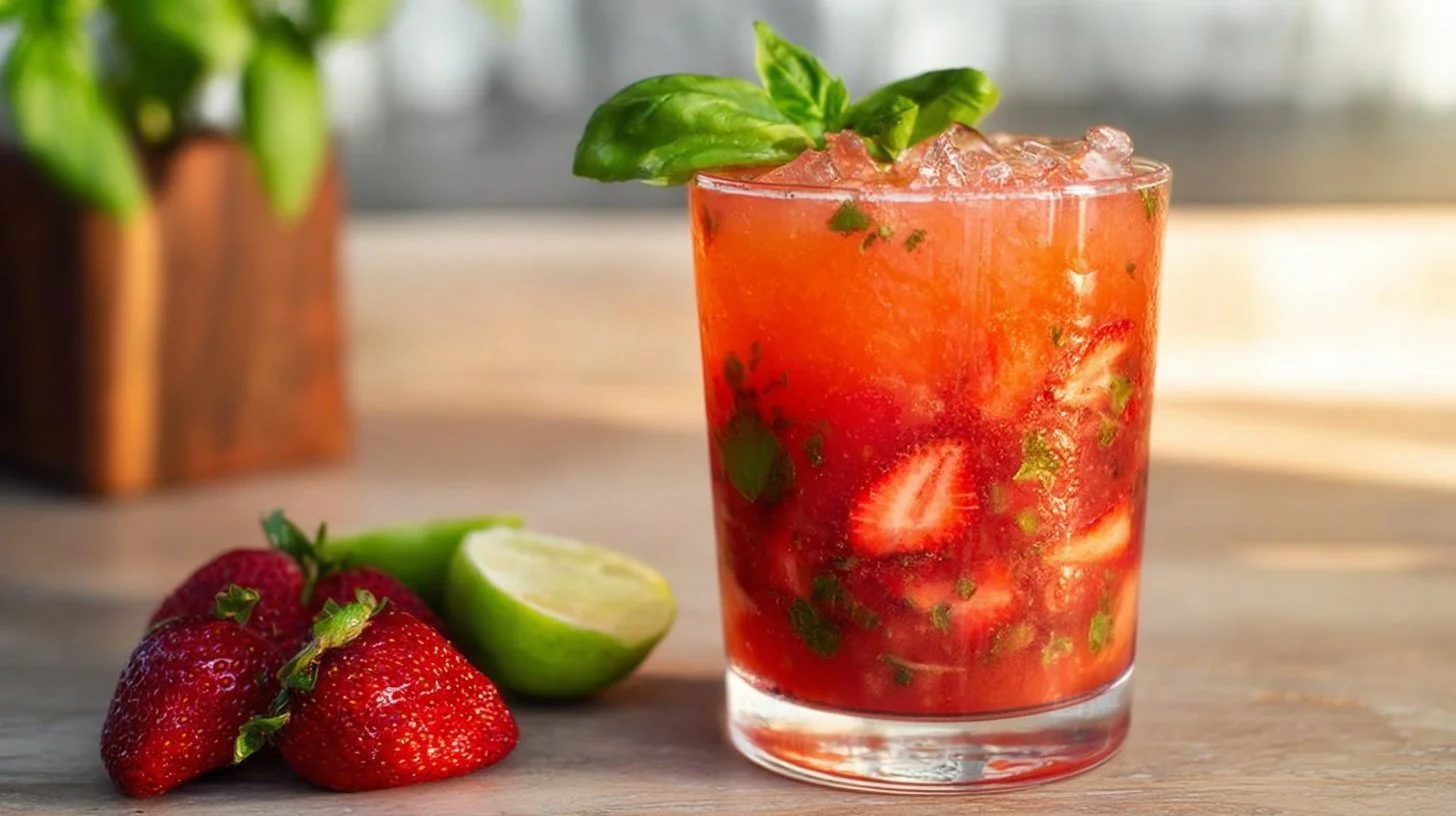 Refreshing Strawberry Basil Mocktail served in a glass with fresh berries and basil leaves.