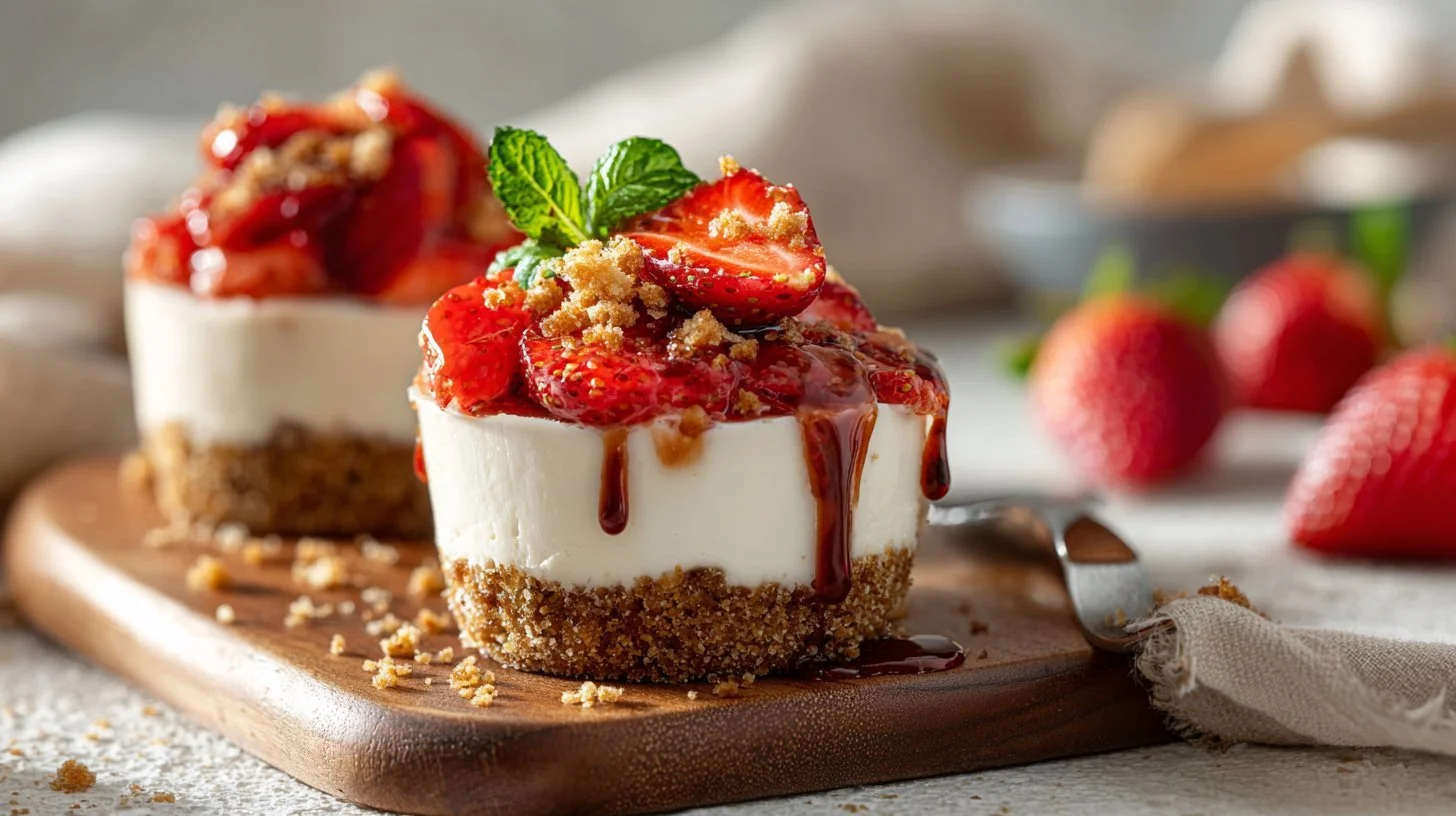 No bake strawberry cheesecake cups topped with fresh strawberries