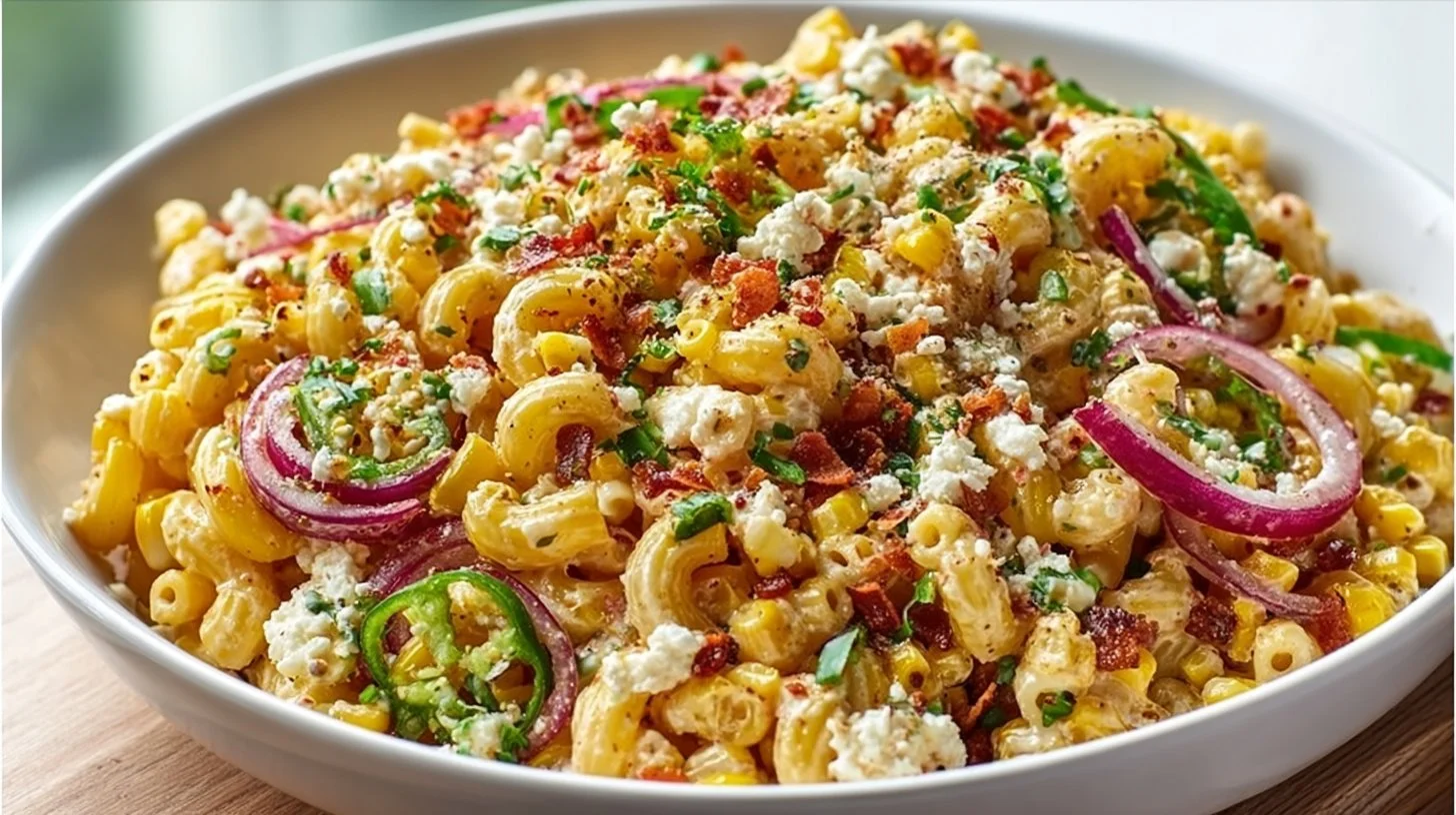 Delicious street corn pasta salad with fresh ingredients and vibrant flavors.