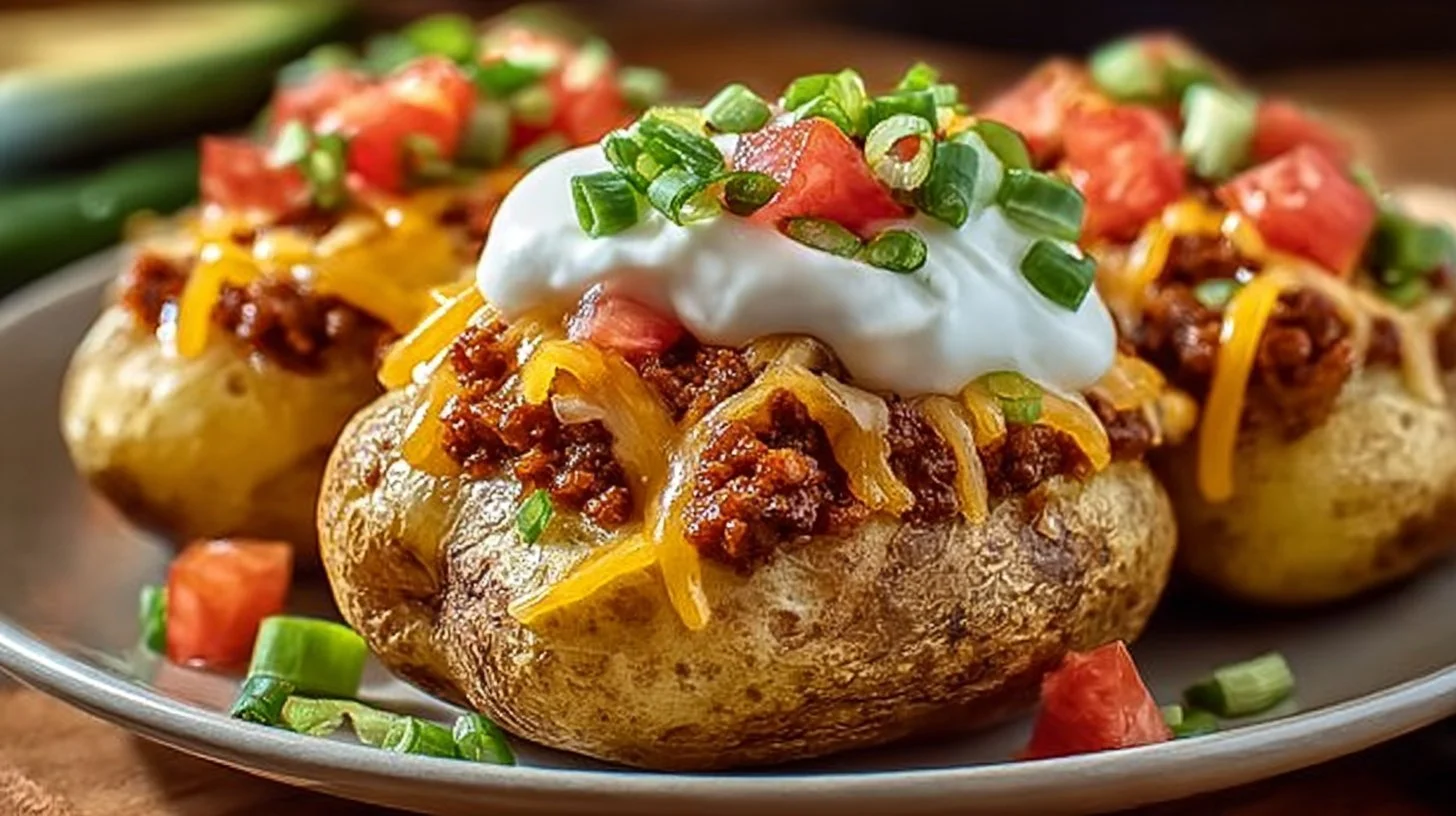 Delicious Taco Loaded Baked Potatoes topped with cheese and salsa