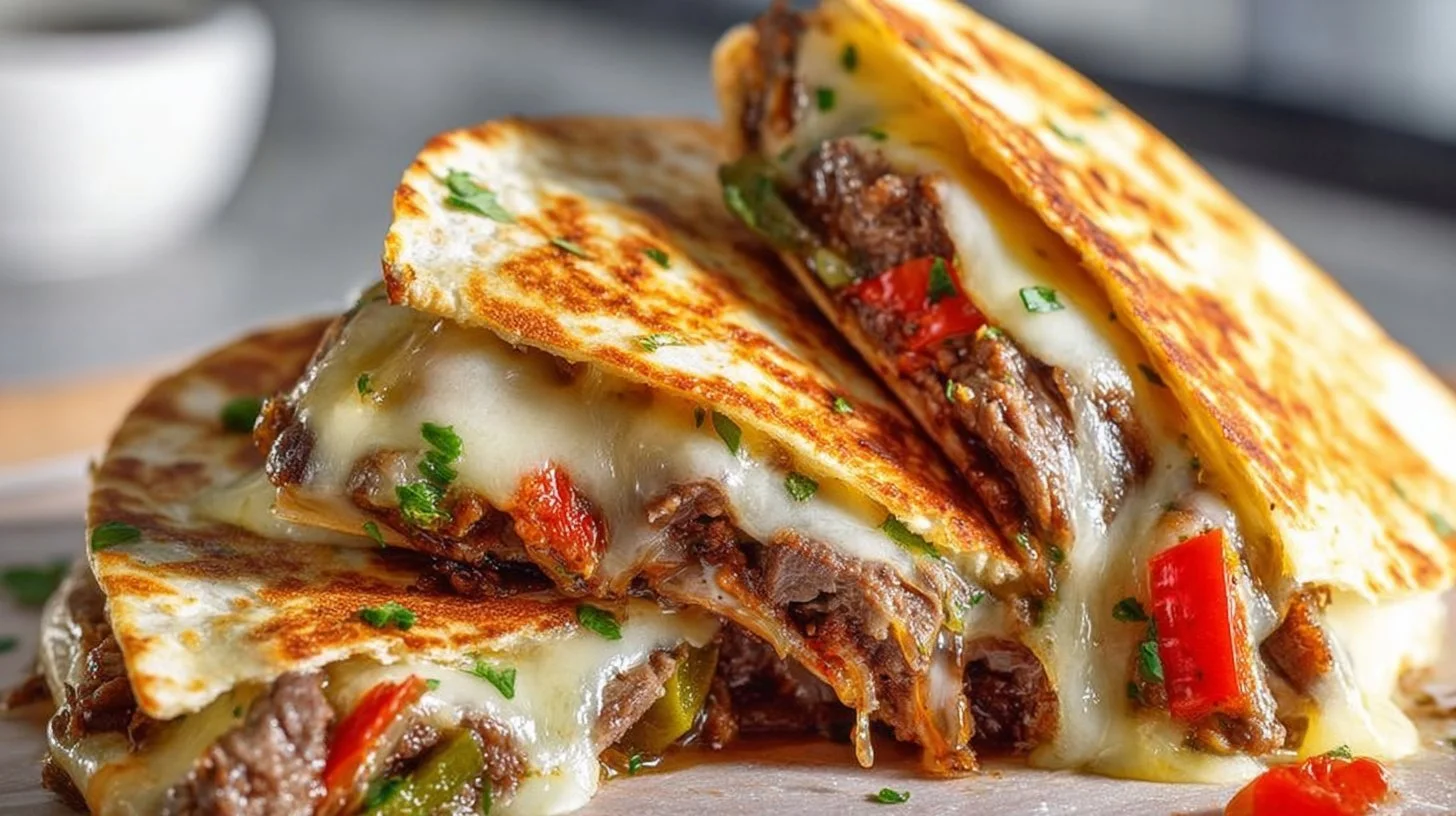 Ultimate Philly Cheesesteak Quesadilla served on a plate with toppings