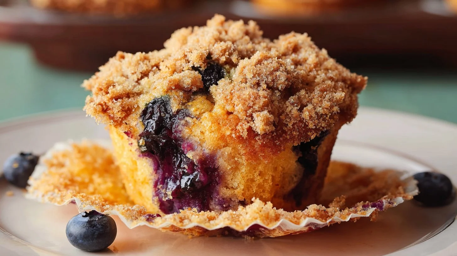 Freshly baked blueberry muffins on a plate for breakfast