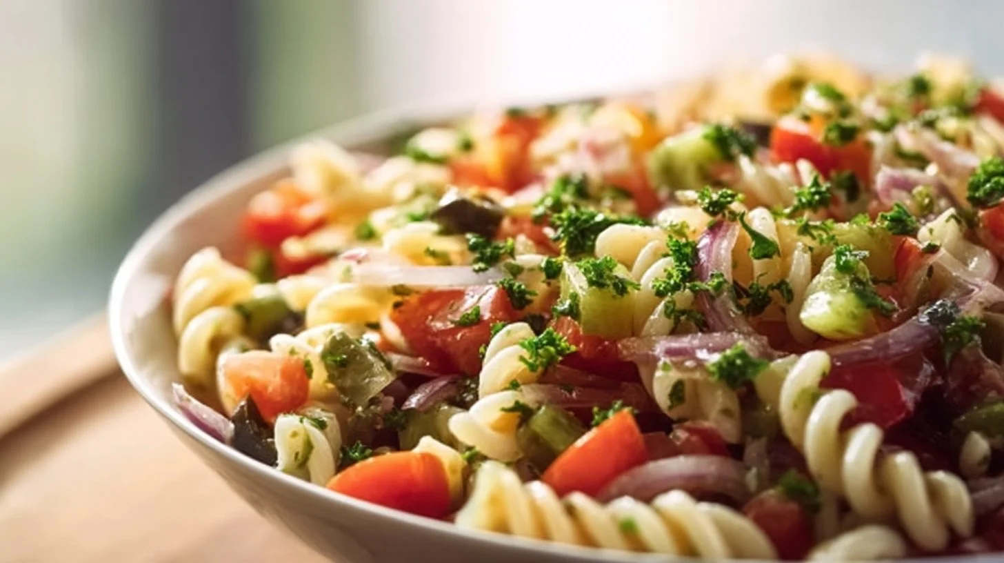 Colorful Vegan Pasta Salad with fresh vegetables and herbs