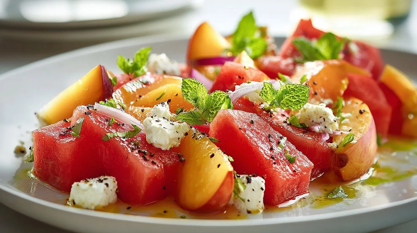 Refreshing Watermelon Peach Salad served in a bowl