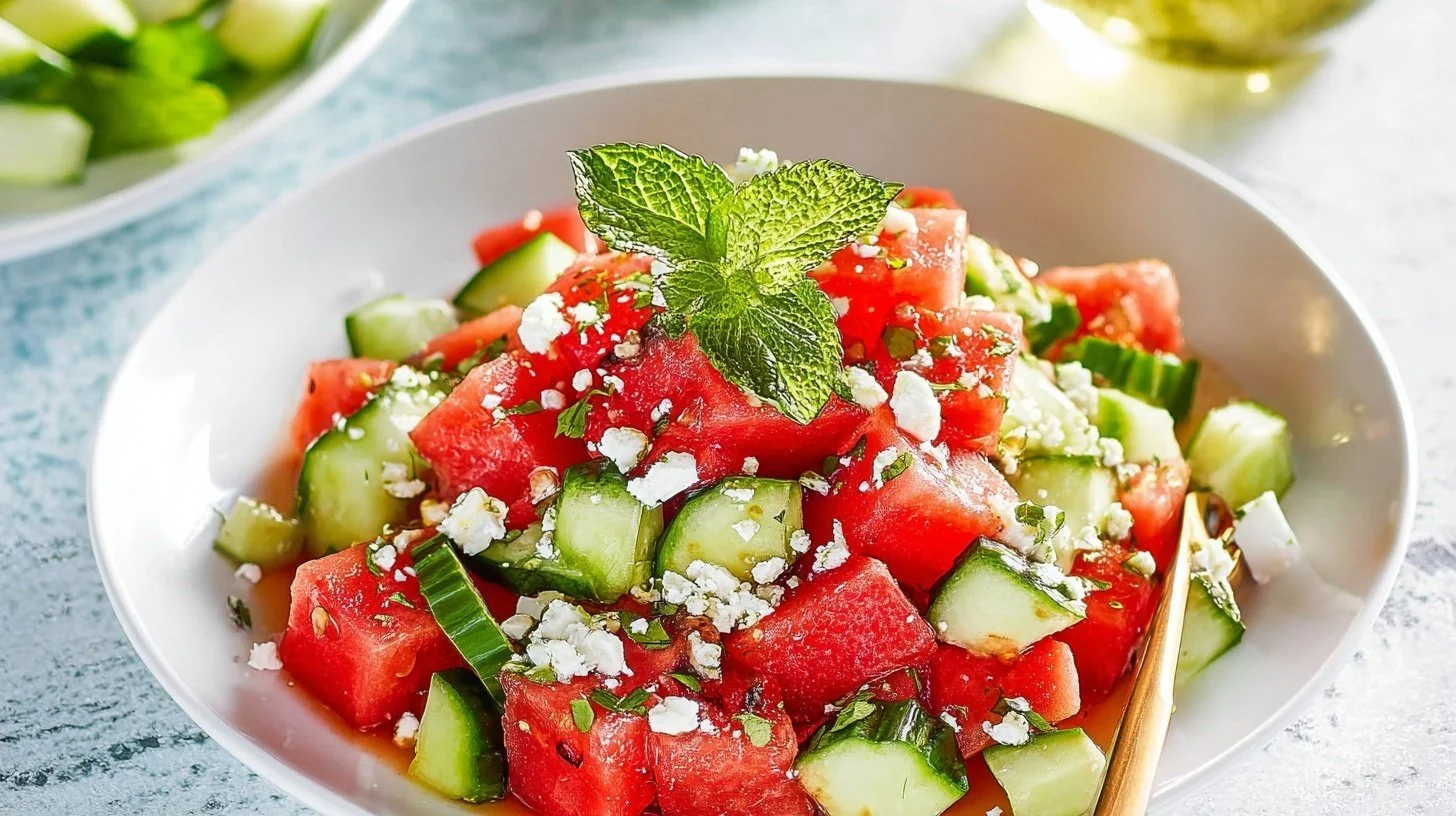 Refreshing watermelon salad with feta cheese and cucumber in a bowl