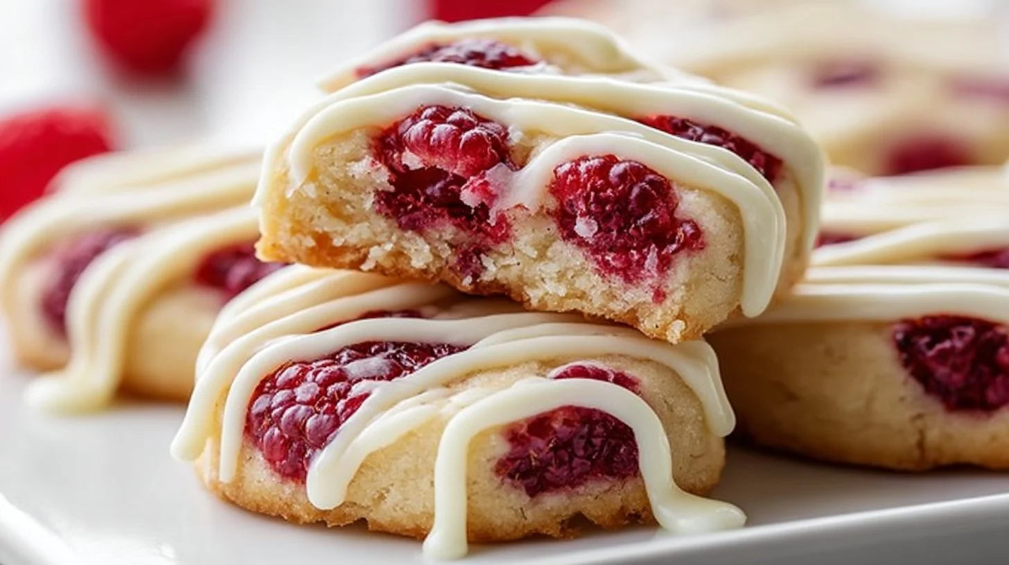 Raspberry shortbread cookies drizzled with white chocolate for a delicious dessert.