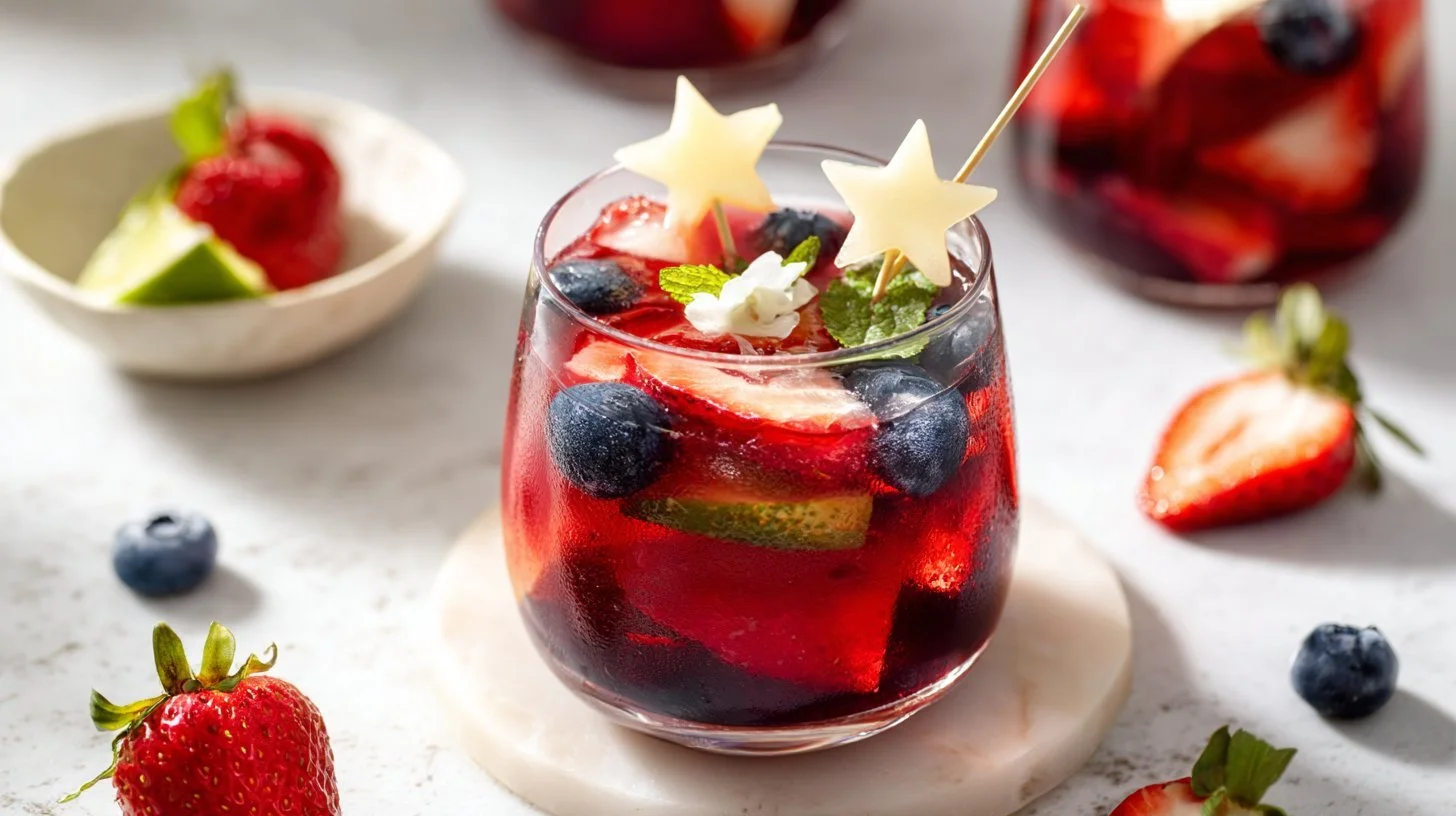 A refreshing glass of red white blue sangria with fruits and ice