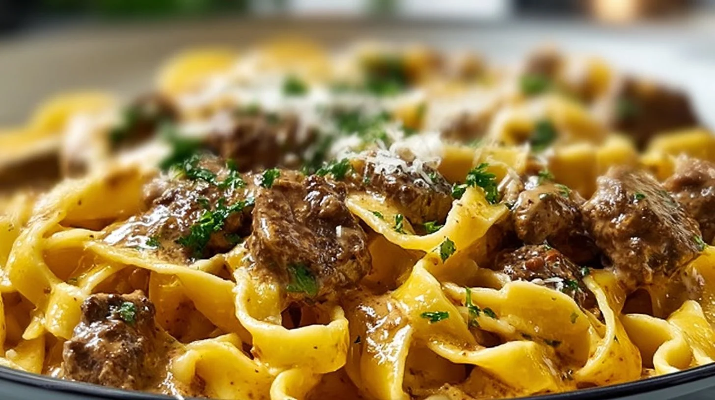 Delicious Beef & Garlic Butter Pasta served on a plate