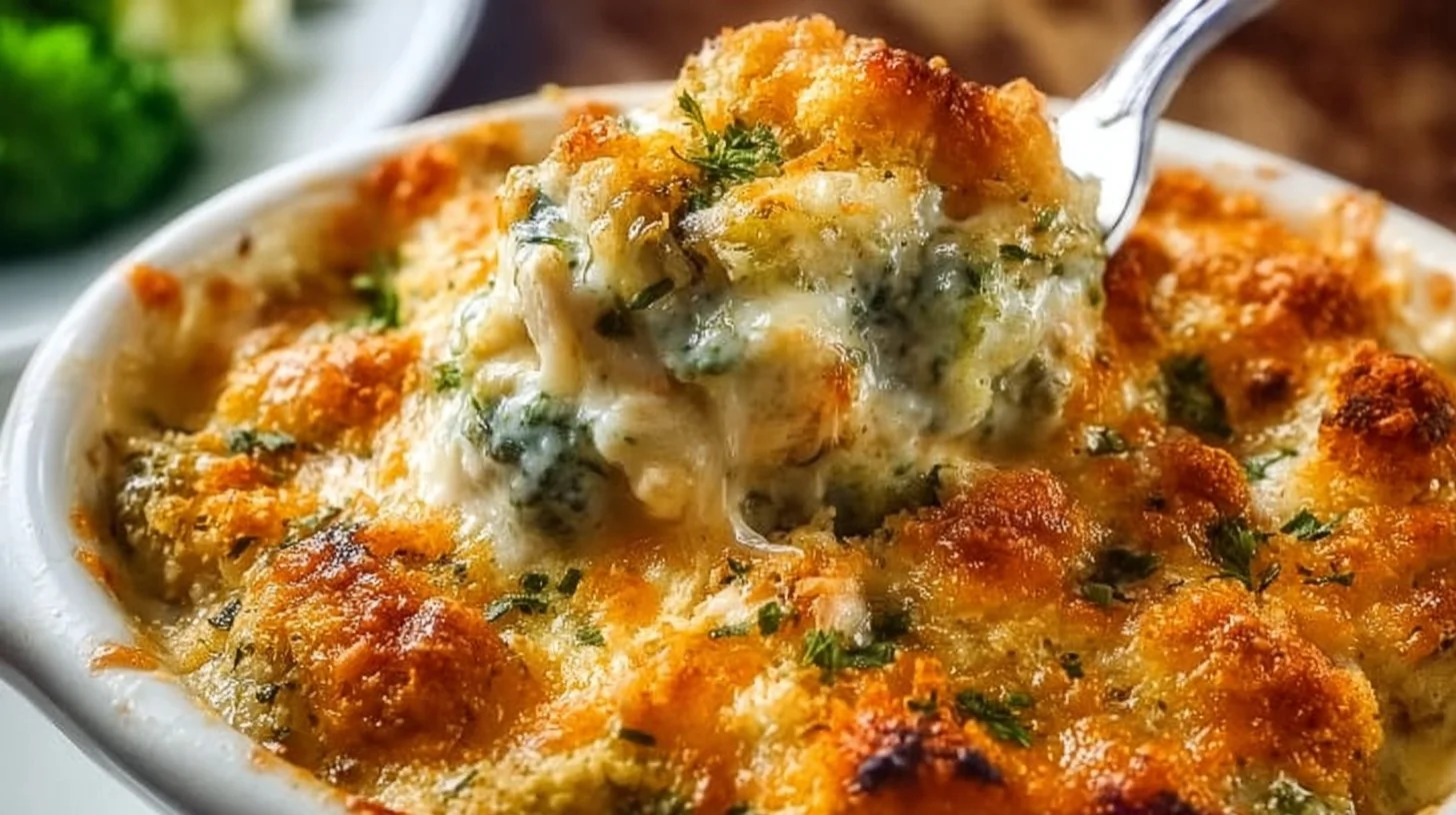 Delicious chicken divan casserole topped with cheese and broccoli.