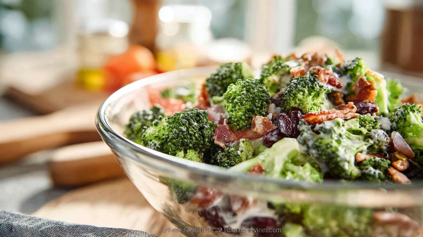 Bowl of crunchy broccoli salad with vibrant vegetables and dressing