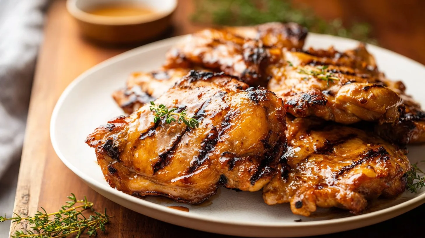 Delicious grilled chicken thighs on a plate, perfect for quick weeknight dinners